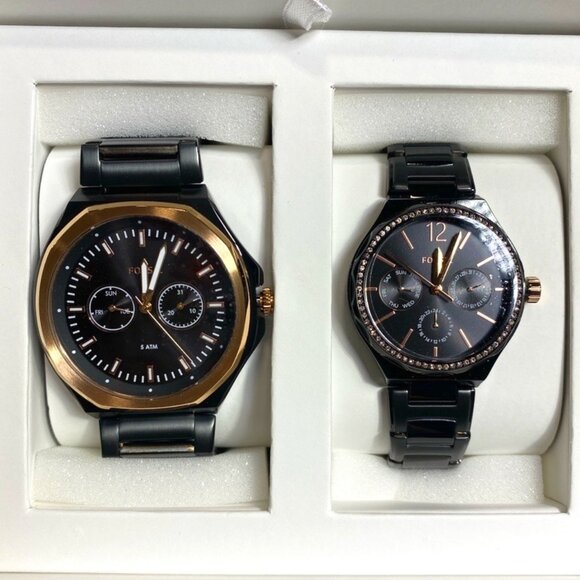 His and Her Multifunction Black Stainless Steel Watch Set - Picture 1 of 10